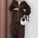 Diamond Taşlı Büzgülü Scuba İkili Takım - Kahverengi