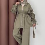 Diamond Taşlı Büzgülü Scuba İkili Takım - Yağ Yeşil