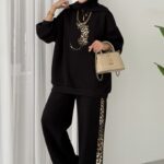 Leopar Nakışlı Şardonlu İkili Takım - Siyah