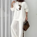 Leopar Nakışlı Şardonlu İkili Takım - Beyaz