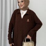 Muadil Ayıcık Nakışlı Triko İkli Takım - Kahverengi