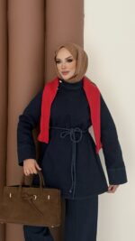 ZRA Muadil Örgü Kemerli Denim Takım - Koyu Mavi - Görsel 5