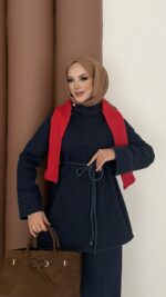 ZRA Muadil Örgü Kemerli Denim Takım - Koyu Mavi - Görsel 9