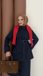 ZRA Muadil Örgü Kemerli Denim Takım - Koyu Mavi - Görsel 6