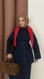 ZRA Muadil Örgü Kemerli Denim Takım - Koyu Mavi - Görsel 8