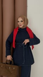 ZRA Muadil Örgü Kemerli Denim Takım - Koyu Mavi - Görsel 11