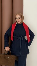 ZRA Muadil Örgü Kemerli Denim Takım - Koyu Mavi - Görsel 10