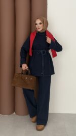 ZRA Muadil Örgü Kemerli Denim Takım - Koyu Mavi