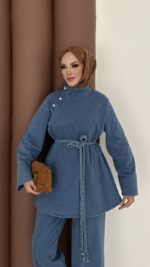 ZRA Muadil Örgü Kemerli Denim Takım - Açık Mavi - Görsel 13