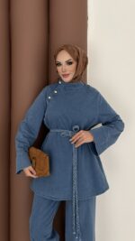 ZRA Muadil Örgü Kemerli Denim Takım - Açık Mavi - Görsel 14