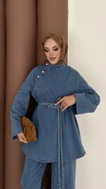 ZRA Muadil Örgü Kemerli Denim Takım - Açık Mavi - Görsel 12