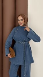 ZRA Muadil Örgü Kemerli Denim Takım - Açık Mavi - Görsel 9