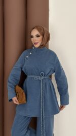 ZRA Muadil Örgü Kemerli Denim Takım - Açık Mavi - Görsel 10