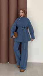 ZRA Muadil Örgü Kemerli Denim Takım - Açık Mavi - Görsel 7