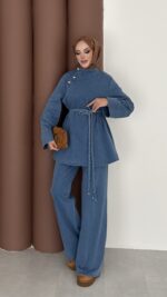 ZRA Muadil Örgü Kemerli Denim Takım - Açık Mavi - Görsel 3