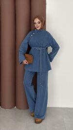 ZRA Muadil Örgü Kemerli Denim Takım - Açık Mavi - Görsel 2