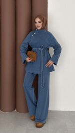 ZRA Muadil Örgü Kemerli Denim Takım - Açık Mavi - Görsel 4