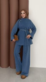 ZRA Muadil Örgü Kemerli Denim Takım - Açık Mavi - Görsel 6