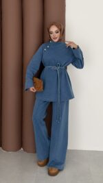 ZRA Muadil Örgü Kemerli Denim Takım - Açık Mavi - Görsel 8