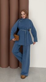 ZRA Muadil Örgü Kemerli Denim Takım - Açık Mavi - Görsel 5