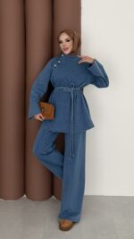 ZRA Muadil Örgü Kemerli Denim Takım - Açık Mavi