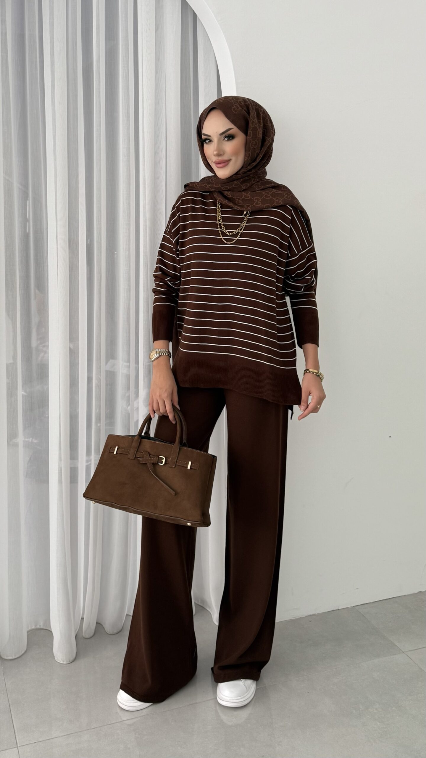 img_7372.jpeg Premium Merserize Çizgili Triko İki Takım - Kahverengi - Görsel 1