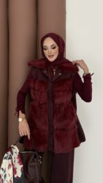 Paris Scuba Kürklü Yelek İkili Takım - Bordo - Görsel 6