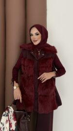 Paris Scuba Kürklü Yelek İkili Takım - Bordo - Görsel 9