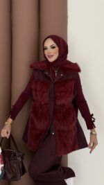 Paris Scuba Kürklü Yelek İkili Takım - Bordo - Görsel 10