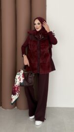 Paris Scuba Kürklü Yelek İkili Takım - Bordo - Görsel 2