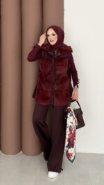 Paris Scuba Kürklü Yelek İkili Takım - Bordo - Görsel 5