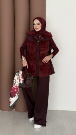 Paris Scuba Kürklü Yelek İkili Takım - Bordo - Görsel 4