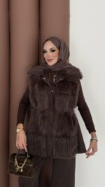 Paris Scuba Kürklü Yelek İkili Takım - Kahverengi - Görsel 5