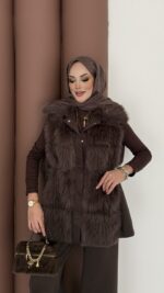 Paris Scuba Kürklü Yelek İkili Takım - Kahverengi - Görsel 9