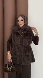 Paris Scuba Kürklü Yelek İkili Takım - Kahverengi - Görsel 8