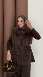 Paris Scuba Kürklü Yelek İkili Takım - Kahverengi - Görsel 7