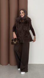 Paris Scuba Kürklü Yelek İkili Takım - Kahverengi - Görsel 3