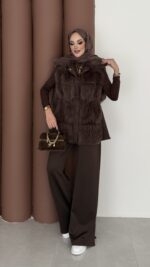 Paris Scuba Kürklü Yelek İkili Takım - Kahverengi - Görsel 4