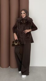 Paris Scuba Kürklü Yelek İkili Takım - Kahverengi - Görsel 2