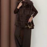 Paris Scuba Kürklü Yelek İkili Takım - Kahverengi