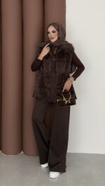 Paris Scuba Kürklü Yelek İkili Takım - Kahverengi