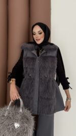 Paris Scuba Kürklü Yelek İkili Takım - Antrasit - Görsel 8