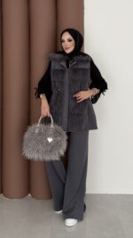 Paris Scuba Kürklü Yelek İkili Takım - Antrasit - Görsel 3