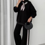 Fular Detaylı Şardonlu Sweat İkili Takım - Siyah