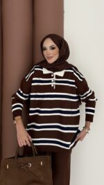 Pinterest Polo Yaka Çizgili Triko Takım - Kahverengi - Görsel 7