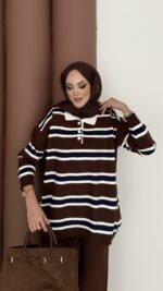 Pinterest Polo Yaka Çizgili Triko Takım - Kahverengi - Görsel 9