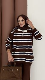 Pinterest Polo Yaka Çizgili Triko Takım - Kahverengi - Görsel 6