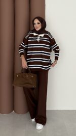 Pinterest Polo Yaka Çizgili Triko Takım - Kahverengi - Görsel 5