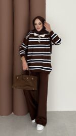 Pinterest Polo Yaka Çizgili Triko Takım - Kahverengi - Görsel 3