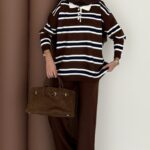 Pinterest Polo Yaka Çizgili Triko Takım - Kahverengi